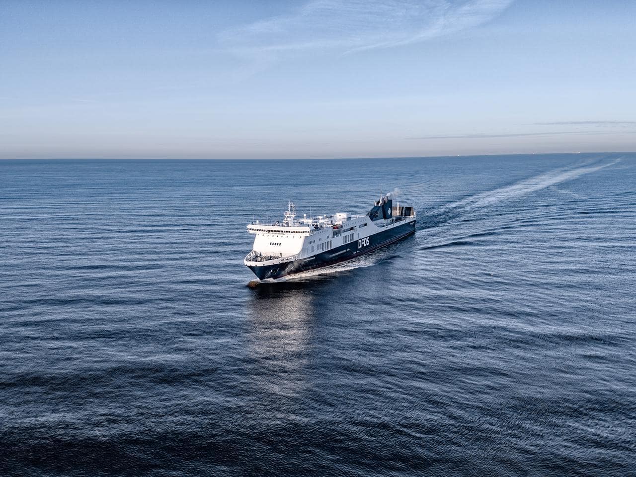 A photo from above of the new DFDS ro-pax vessel at sail