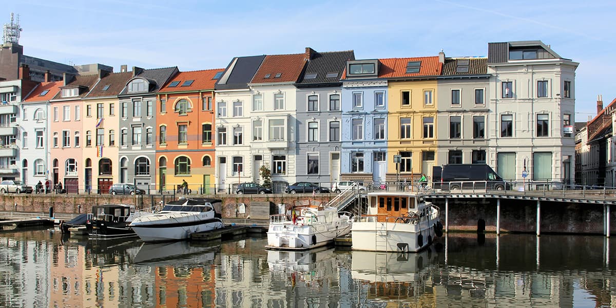 Colourful houses on a canal, Belgium
