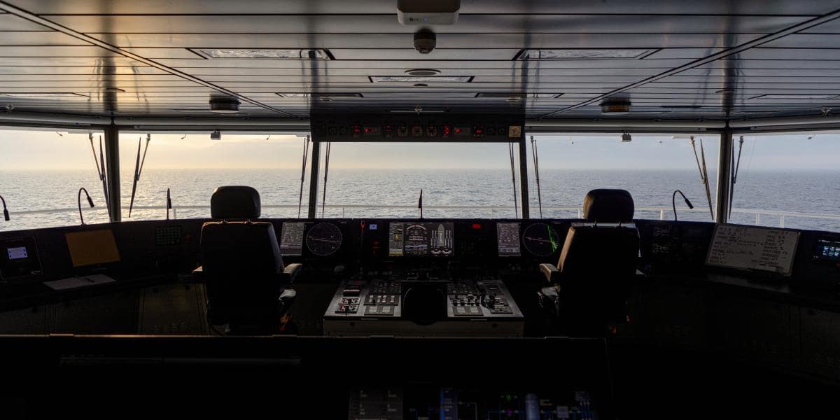 A panoramic view from the bridge of a vessel, sailing on the open sea