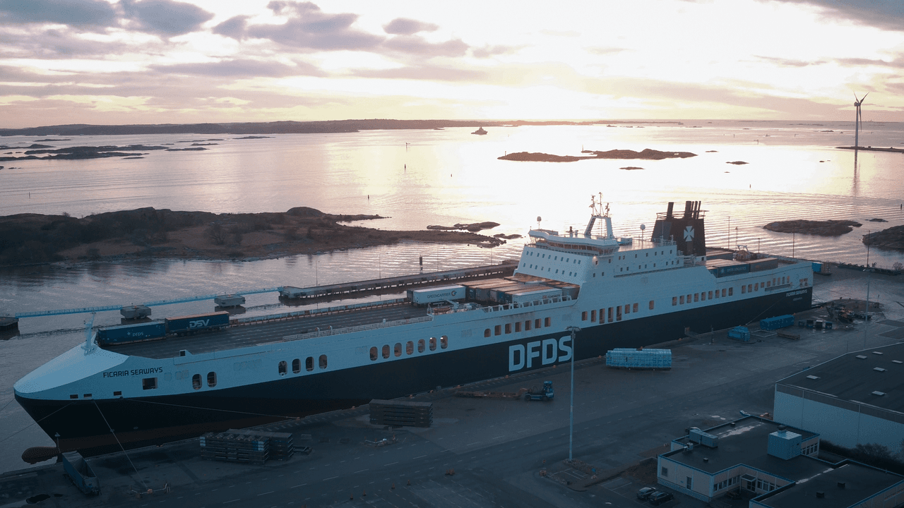 DFDS Ficaria Seaways ship is at dock during sunset